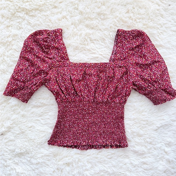Universal Thread Tops - Universal Thread Burgundy Floral Smocked Blouse